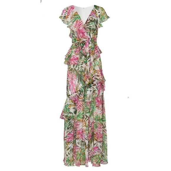 Badgley Mischka Palm Print Ruffle Pink Green Maxi Dress Size 4 - Picture 2 of 16